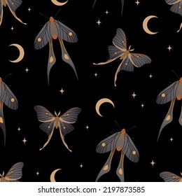 Seamless pattern with butterflies and moon on dark background. Celestial background. Texture for print, textile, fabric.