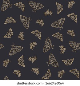 Patrón sin inconvenientes con mariposas y mariposas sobre un fondo negro. Símbolos místicos e insectos en oro. Creativo para tela, envoltura, textil, papel pintado, ropa. Ilustración del vector