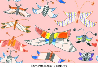 Seamless pattern of butterflies and moths. Hand-drawn style illustration. EPS 10 vector.