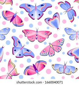 Seamless pattern with butterflies and moths on white background.