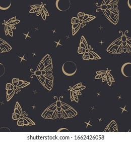 Seamless pattern of butterflies or moths. Print with Insects on a black background. Sacred esoteric symbols. Vector illustration