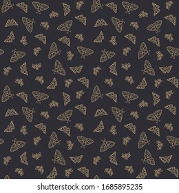 Seamless pattern of butterflies or moths. Print with Insects on a black background. Sacred esoteric symbols. Vector illustration