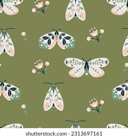 Seamless pattern with butterflies (moths). Vector folk art with insects and flowers on a green background. For fabric, t-shirt print, wallpaper, packaging