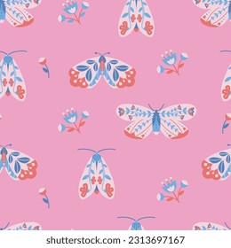 Seamless pattern with butterflies (moths). Vector folk art with insects and flowers on a pink background. For fabric, t-shirt print, wallpaper, packaging