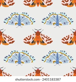 Seamless pattern with butterflies and moths. Wallpaper with decorative insects with colorful wings. Endless flat vector illustration