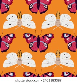 Seamless pattern with butterflies and moths. Wallpaper with decorative insects with colorful wings. Endless flat vector illustration