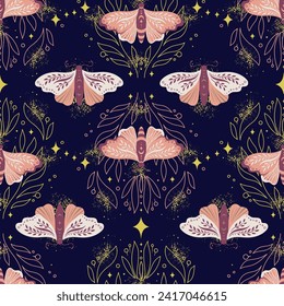 Seamless pattern with butterflies night moth with sparklings, twigs, stars and fairy dust on dark background. Vector celestial boho print