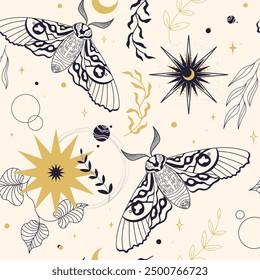 seamless pattern with butterflies. night moth and esoteric spiritual elements. 