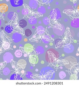 Seamless pattern with butterflies on black background. Highly detailed repetition background for textile, wrapping paper, wallpaper. Isolated vector illustration.