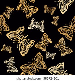 Seamless pattern with butterflies on black background. Vector illustration.