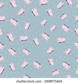 Seamless pattern with butterflies on a blue background with polka dots. Pink butterfly vintage style . For printing, fabrics, paper. Vector.