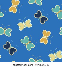 Seamless pattern with  butterflies on a blue  background.  Hand-drawn illustration. Vector.