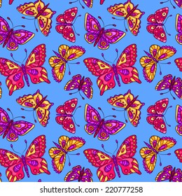 Seamless pattern with butterflies on blue. Vector cartoon background.