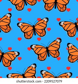 Seamless pattern of butterflies on blue background and heart icons