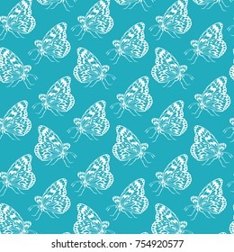 Seamless pattern with butterflies on the blue background. Vector illustration.