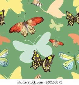 Seamless pattern with butterflies on a colored background. Watercolor illustrations. Vector.