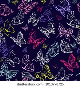 Seamless pattern with butterflies on dark blue background. Colorful vector illustration