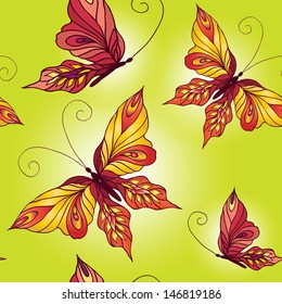 Seamless pattern with butterflies on green background 