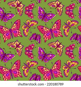 Seamless pattern with butterflies on green. Vector cartoon background.