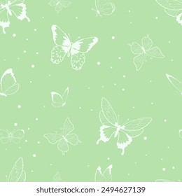 Seamless pattern with butterflies on green background. Endless print with for women s clothes, underwear, home decor, wallpaper or other using. Vector illustration