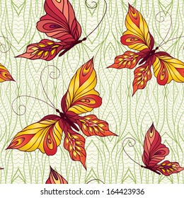 Seamless pattern with butterflies on lace background