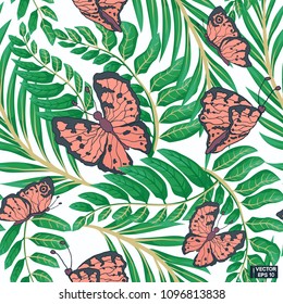 Seamless pattern, butterflies on leaves