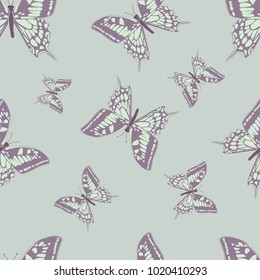 Seamless pattern with butterflies on a light gray background. For decoration of textiles, packaging, wallpaper. Vector illustration.