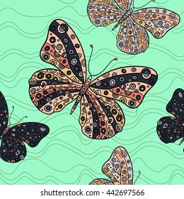 Seamless pattern with butterflies on a mint background. Hand drawn vector zentangle butterfly illustration. Decorative abstract doodle design element.