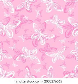 Seamless pattern with butterflies on a pink background. Pattern for fabrics, wrapping paper. Vector image.