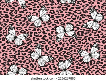 Seamless pattern of butterflies on pink leopard background, vector design for fashion prints, fabric, textile ornaments, trendy animal skin patterns