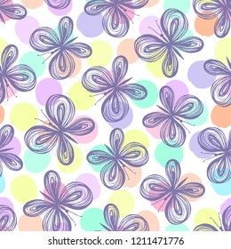 Seamless pattern with butterflies on a polka dot background.