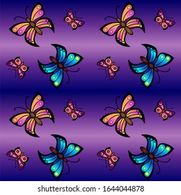 Seamless pattern with butterflies on a purple-violet background. Saturated, bright seamless pattern with butterflies in blue and pink-orange shades of different sizes. Background - flying butterflies
