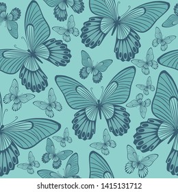 Seamless Pattern Butterflies on Turquoise Green Background, Butterfly Repeat Pattern for Textile Design, Fabric Printing, Fashion, Wallpaper or Background