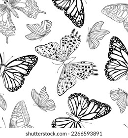Seamless pattern with butterflies on white background.