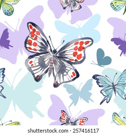 Seamless pattern with butterflies on a white background. Watercolor illustration. Vector.