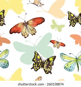 Seamless pattern with butterflies on a white background. Watercolor illustrations. Vector.