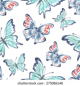Seamless pattern with butterflies on a white background. Watercolor illustrations. Vector.