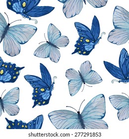 Seamless pattern with butterflies on a white background. Watercolor illustrations. Vector.