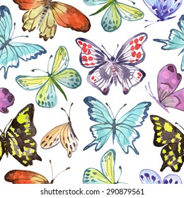 Seamless pattern with butterflies on a white background. Watercolor illustrations. Vector.