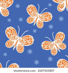 seamless pattern of butterflies orange color with blue background