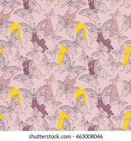 seamless pattern with butterflies and paint strokes, vector illustration