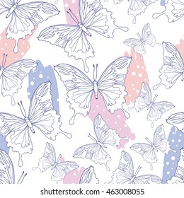 seamless pattern with butterflies and paint strokes, vector illustration