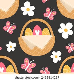 Seamless pattern of butterflies and painted eggs in a wicker basket for Easter in a cartoon style