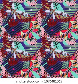 Seamless pattern with butterflies, palm leaves. Background texture. Wallpaper