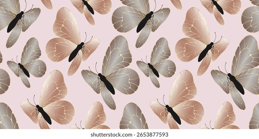 Seamless pattern with butterflies in pastel beige tones with gold veins. Romantic butterfly print for fabric, wallpaper, backdrops. Elegant delicate design.Vector illustration.