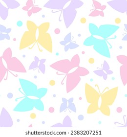 Seamless pattern with butterflies in pastel colors on a white background. Cute girly pattern For fabric design, wallpaper, backgrounds, scrapbooking, etc. Vector.