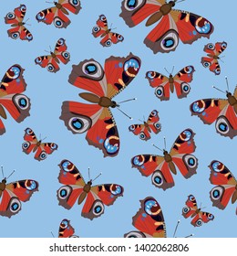 Seamless pattern with butterflies peacock eye. Burgundy butterflies on a blue background. Vector image.