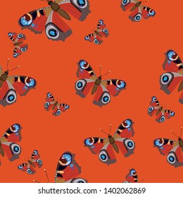Seamless pattern with butterflies peacock eye. Burgundy butterflies on a red background. Vector image.