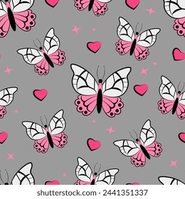  Seamless pattern with butterflies and pink hearts on a gray background