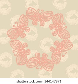 Seamless pattern, butterflies pink silhouettes on beige background. Elegant butterfly vector sketch. Eps 10
